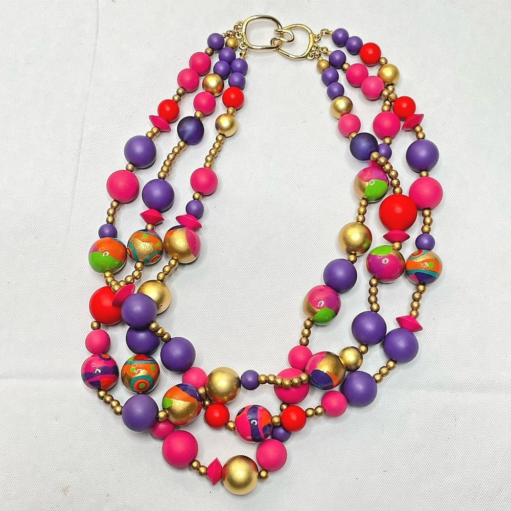Triple Strand Necklace Colorful Hand Painted Wood Beads Festive Bright 18" Retro